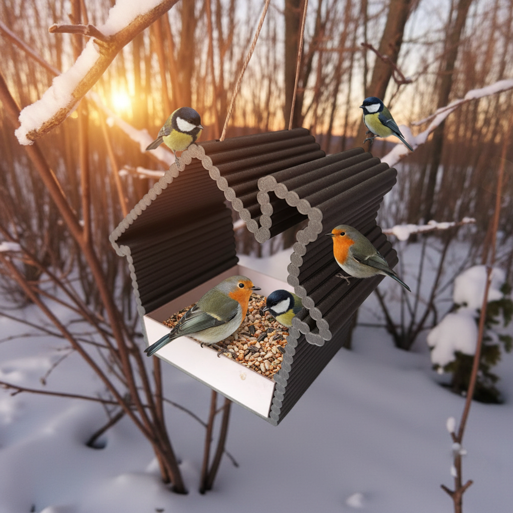 Black ribbed bird feeder hanging from snow-covered tree branch at golden sunset