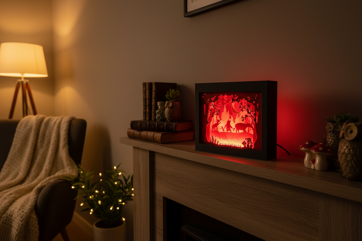Winnie The Pooh shadow box glowing on living room mantelpiece in a dark cosy room