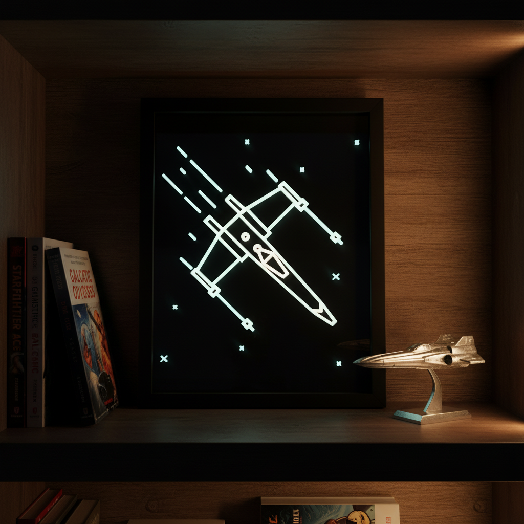 X-Wing neon line art shadow box on a collector shelf beside sci-fi books and a spaceship figurine
