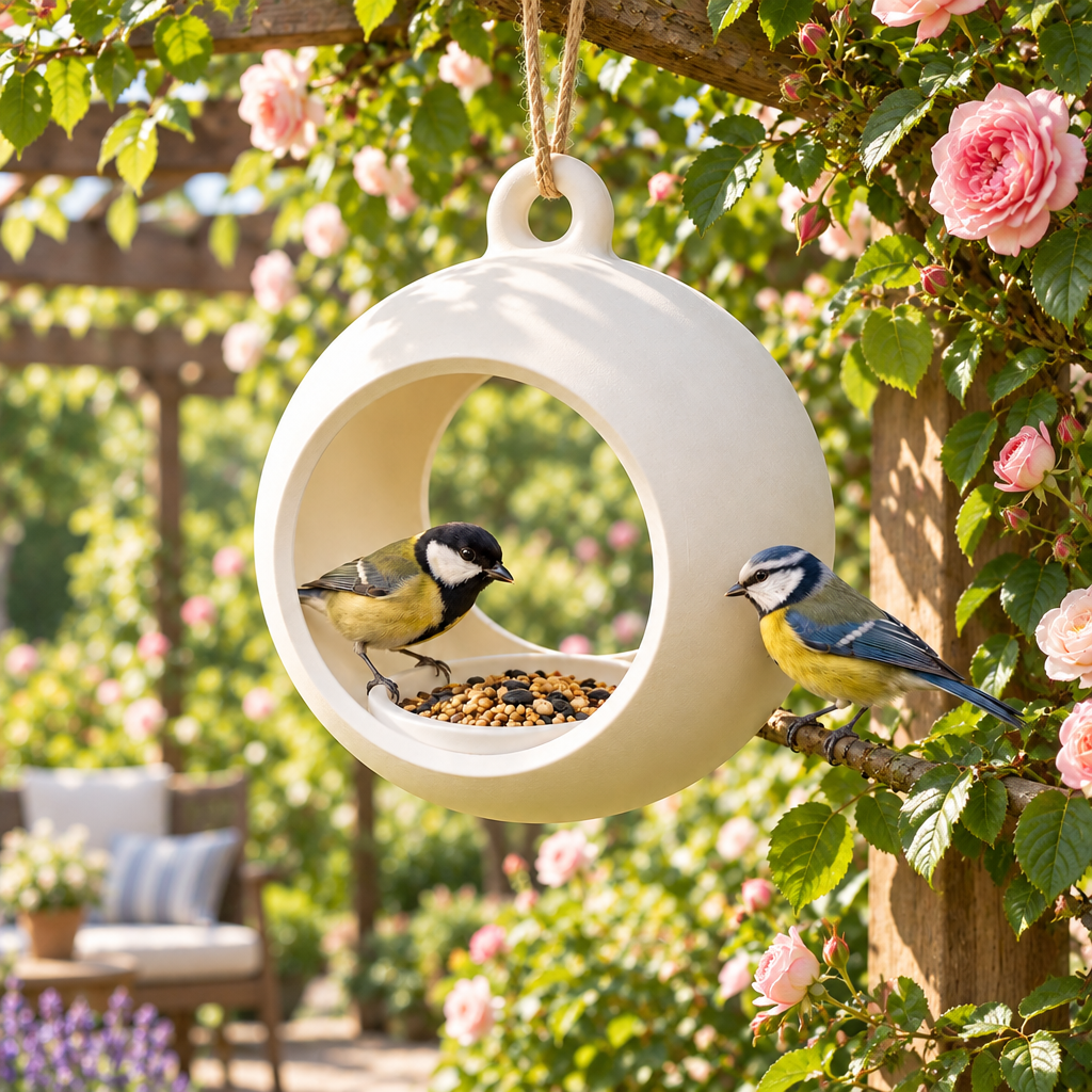 Round hanging feeder by a rose-covered pergola