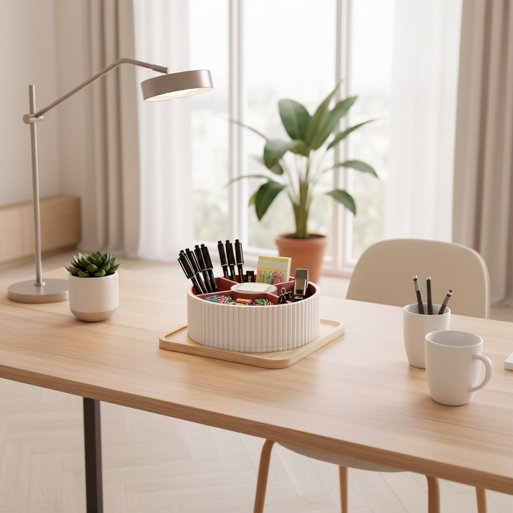 Green 360-Degree Rotatable Ribbed Multi-Tray used as desk organiser with stationery on a minimalist home office desk