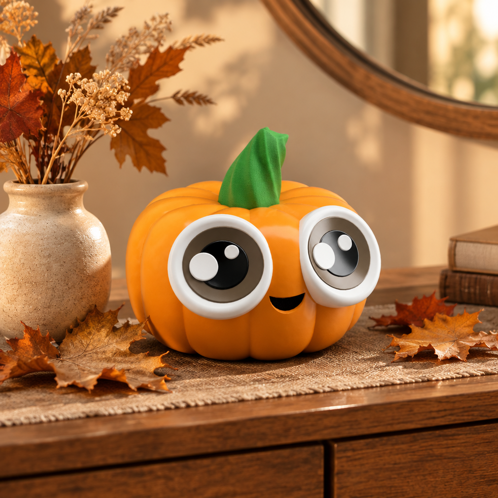 Cute Li'l Pumpkin displayed among autumn leaves on a console table