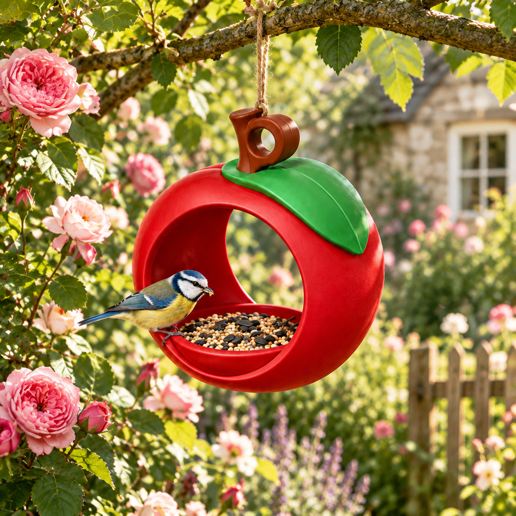 Apple bird feeder hanging in cottage garden