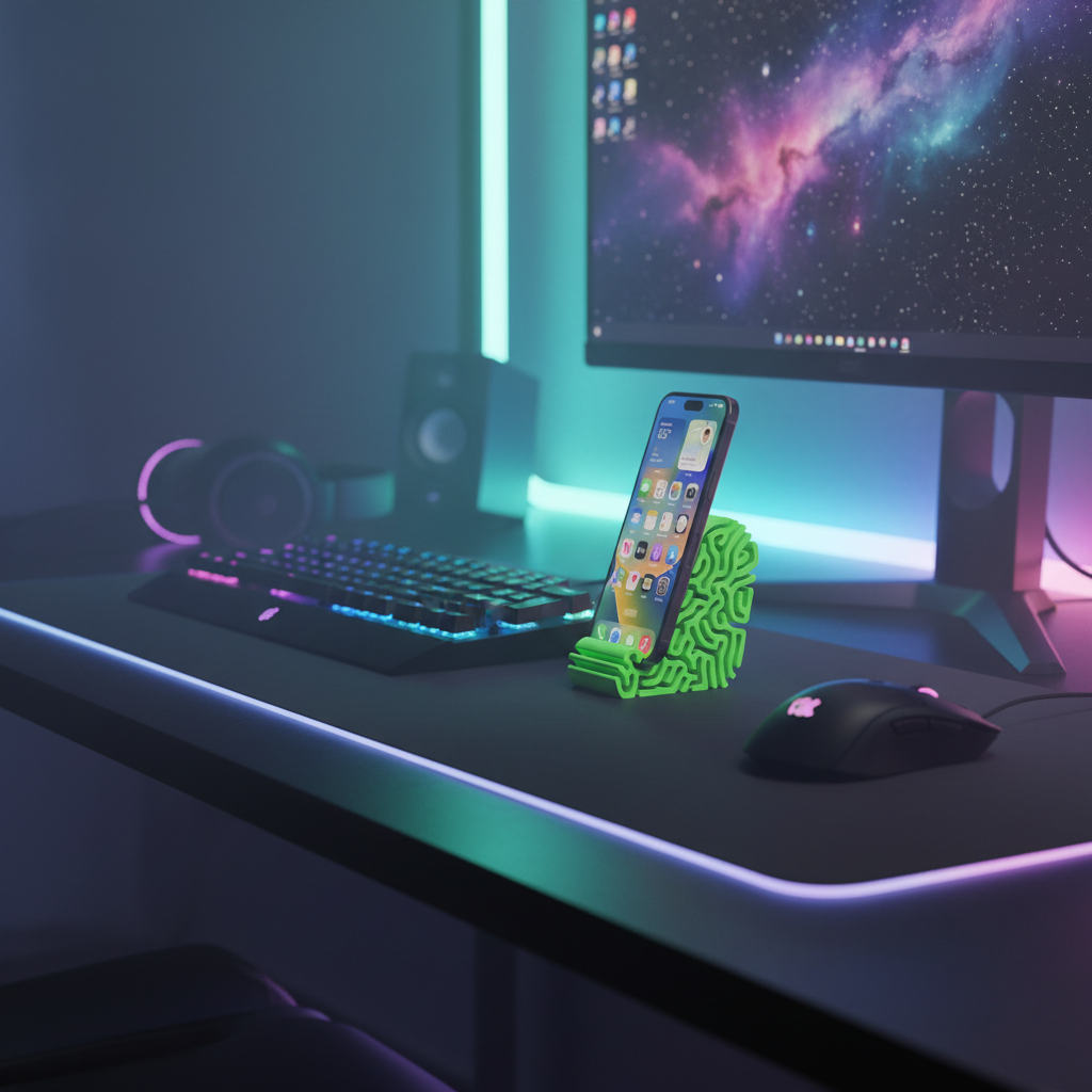 Coral phone stand in neon green on gaming desk with RGB lighting