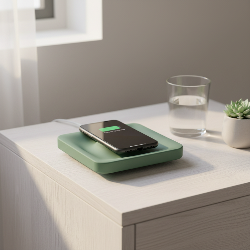 Sage green tray charging iPhone on white oak nightstand - lifestyle