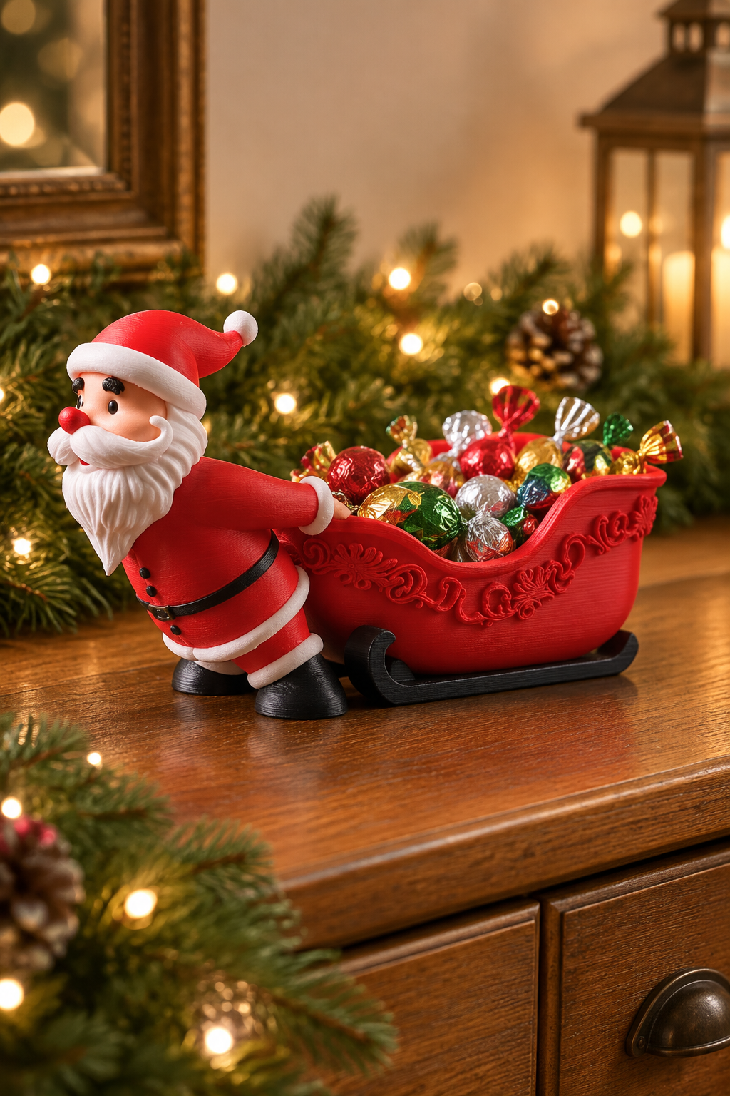 Santa pulling a red sleigh filled with wrapped sweets on a decorated Christmas sideboard