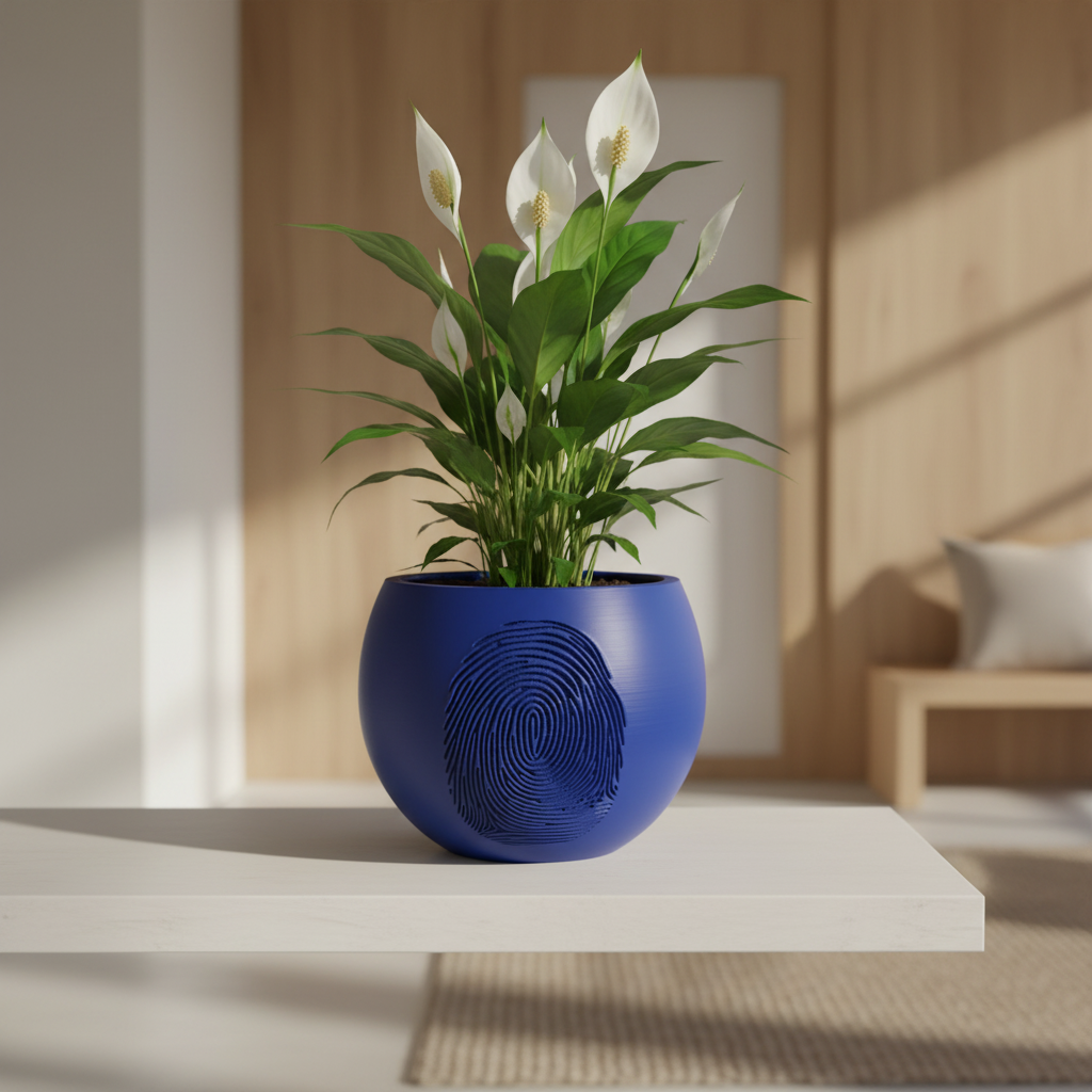 Deep blue Caught fingerprint plant pot with a peace lily on a minimalist white Japandi shelf