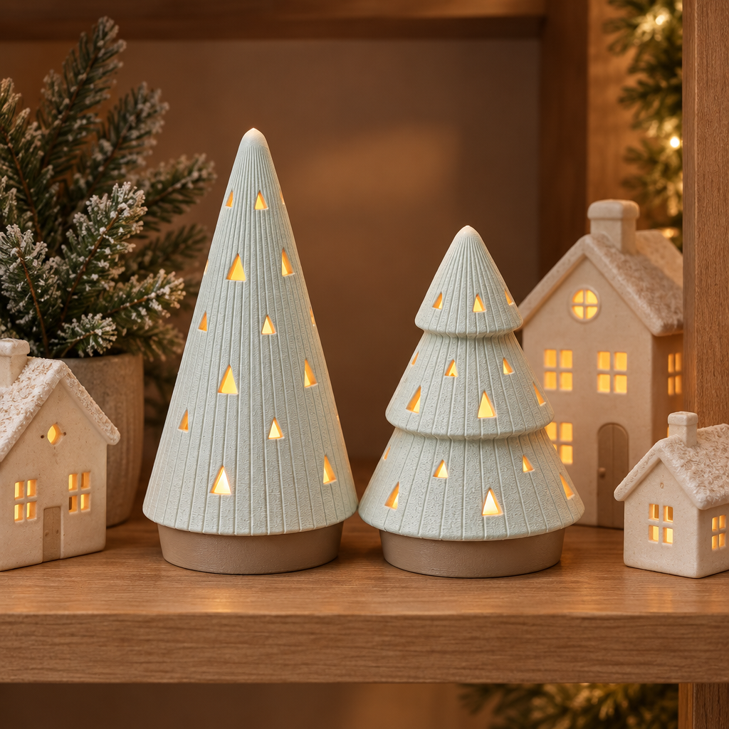 Green ribbed tree tealight holder set displayed with miniature winter village houses
