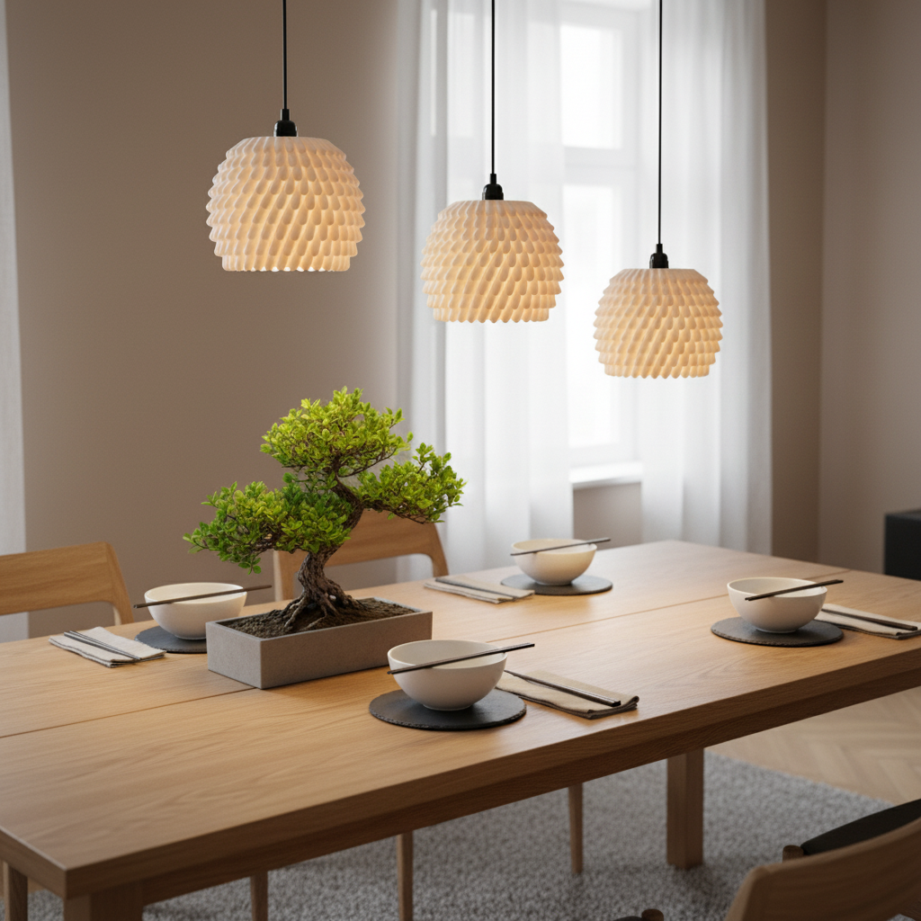 Three sea anemone pendant lampshades in graduated heights over long oak dining table Scandinavian interior lifestyle