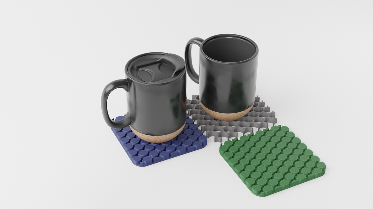Three separate colourful Triple Interlocking Coaster pieces arranged for drinks