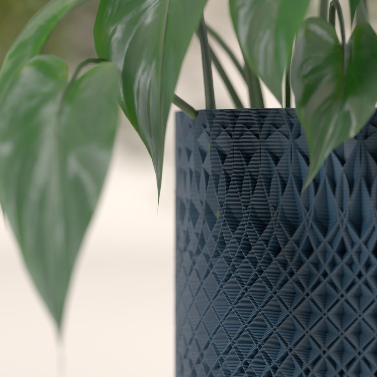 Geometric Textured Plant Pot dark navy diamond lattice cylindrical body holding lush plant cream background close up showing full diamond lattice texture depth and detail