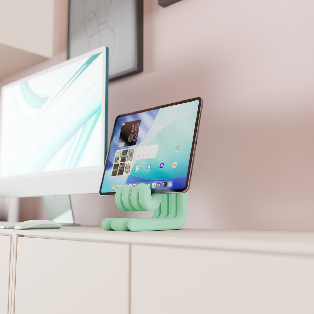 Wibble iPad Stand mint green side view holding iPad on desk beside iMac mouse mat home office pink wall lifestyle render