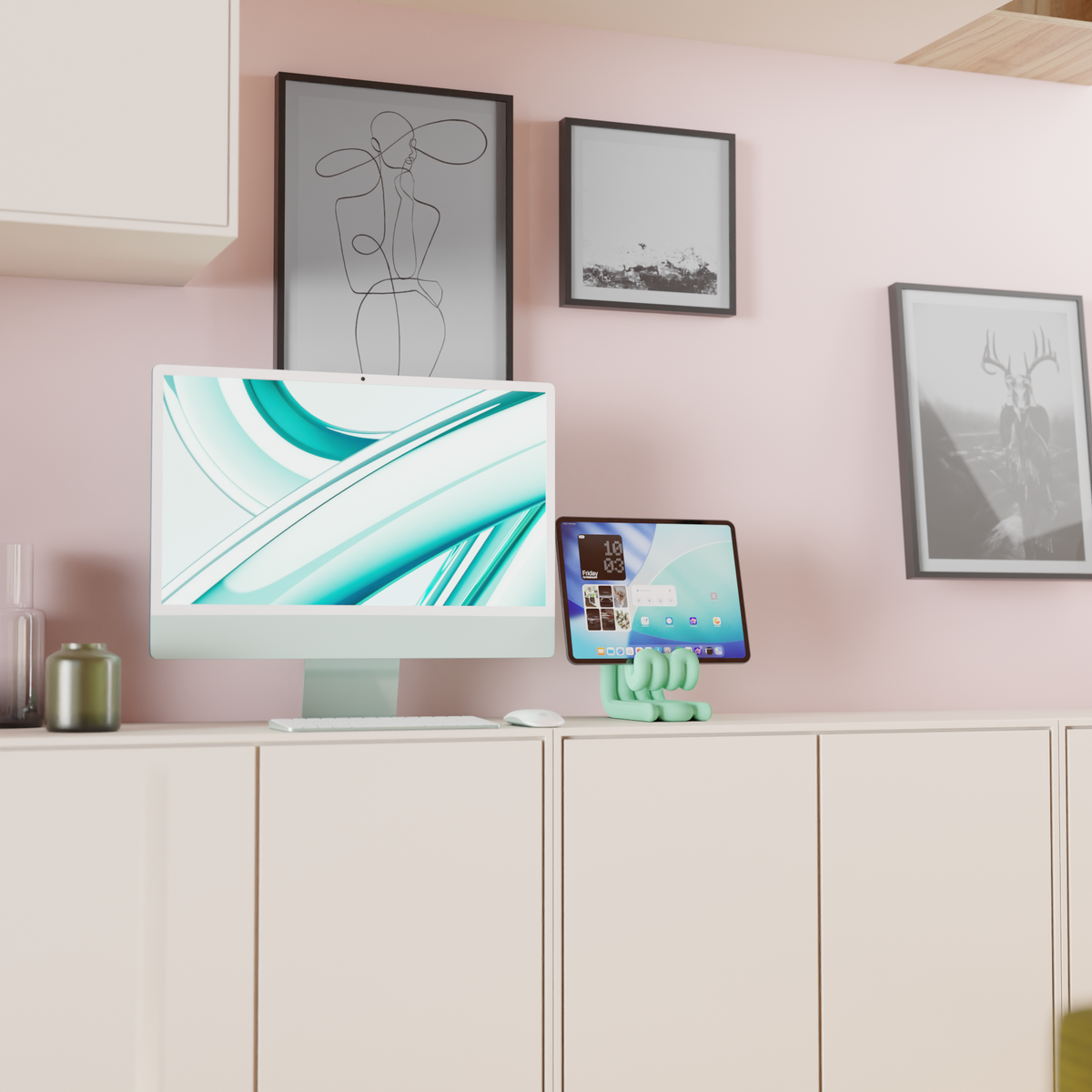 Wibble iPad Stand mint green on sideboard pink wall with succulent beside iMac home office render lifestyle