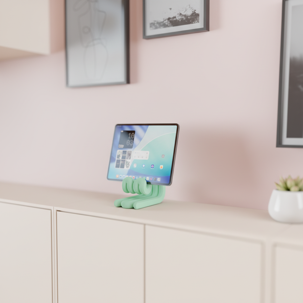 Wibble iPad Stand mint green narrower variant holding iPad on desk beside iMac home office pink wall lifestyle render