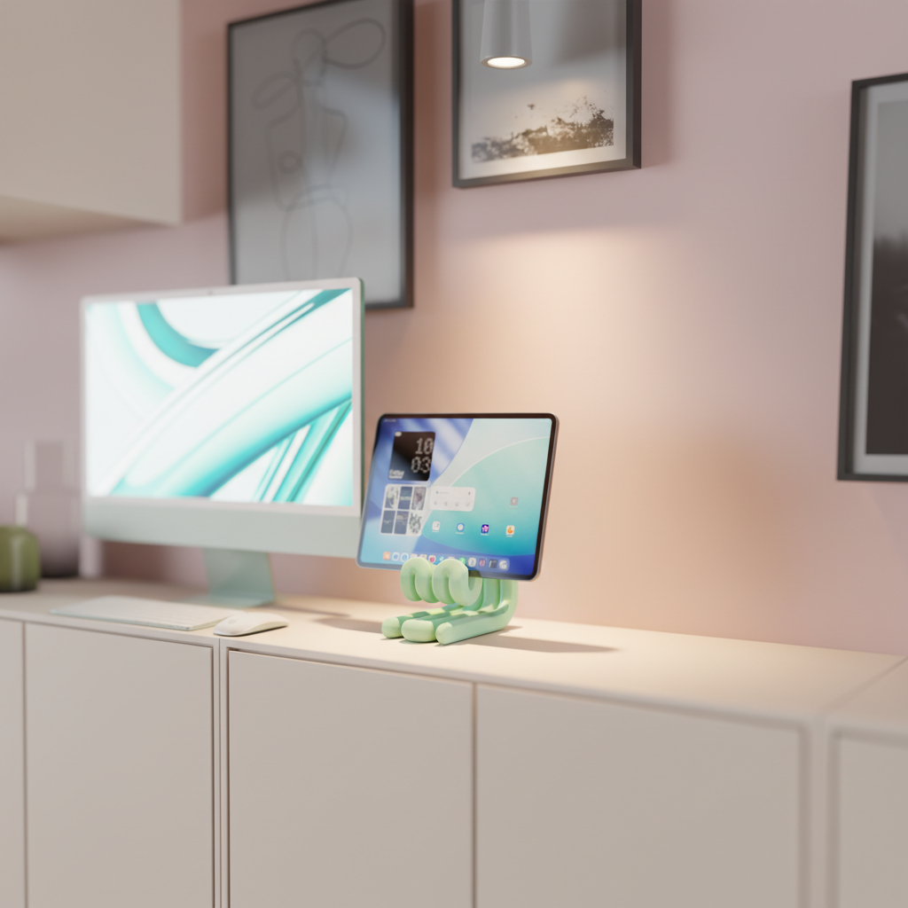 Wibble iPad Stand mint green narrower variant on desk beside iMac lifestyle render pink wall home office