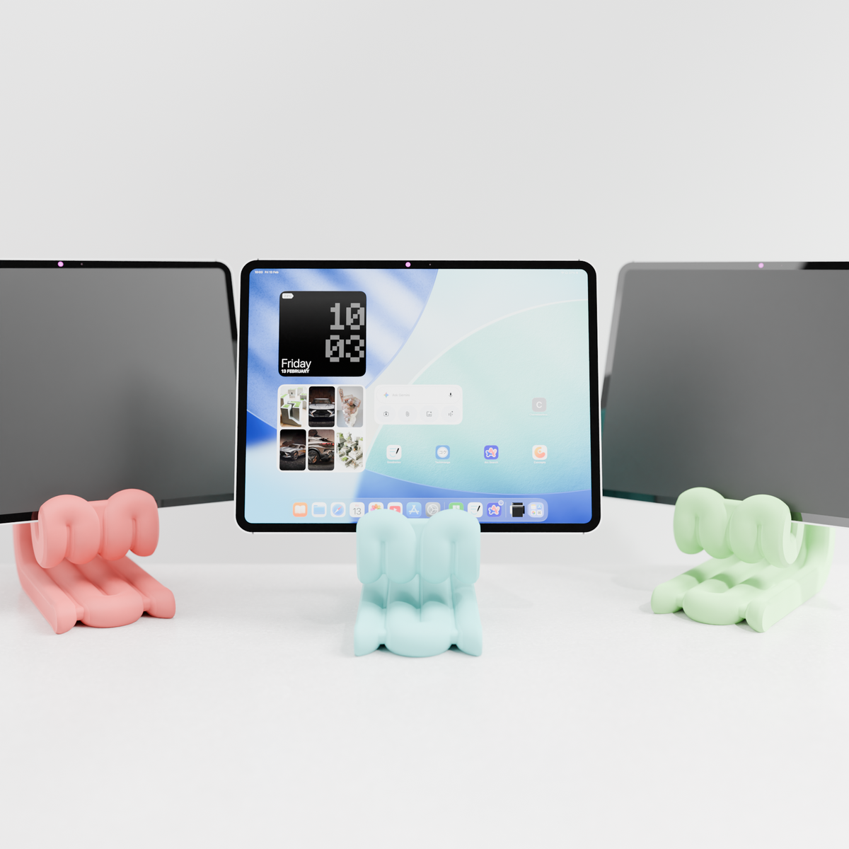 Wibble iPad Stand white holding iPad render front angle white background