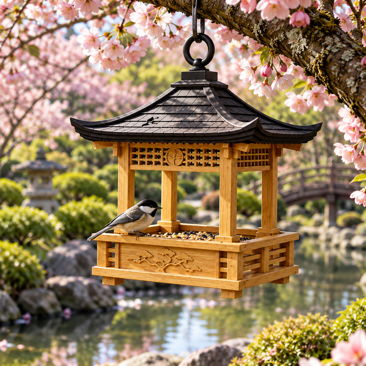 Japanese lantern-inspired hanging bird feeder beneath flowering branches