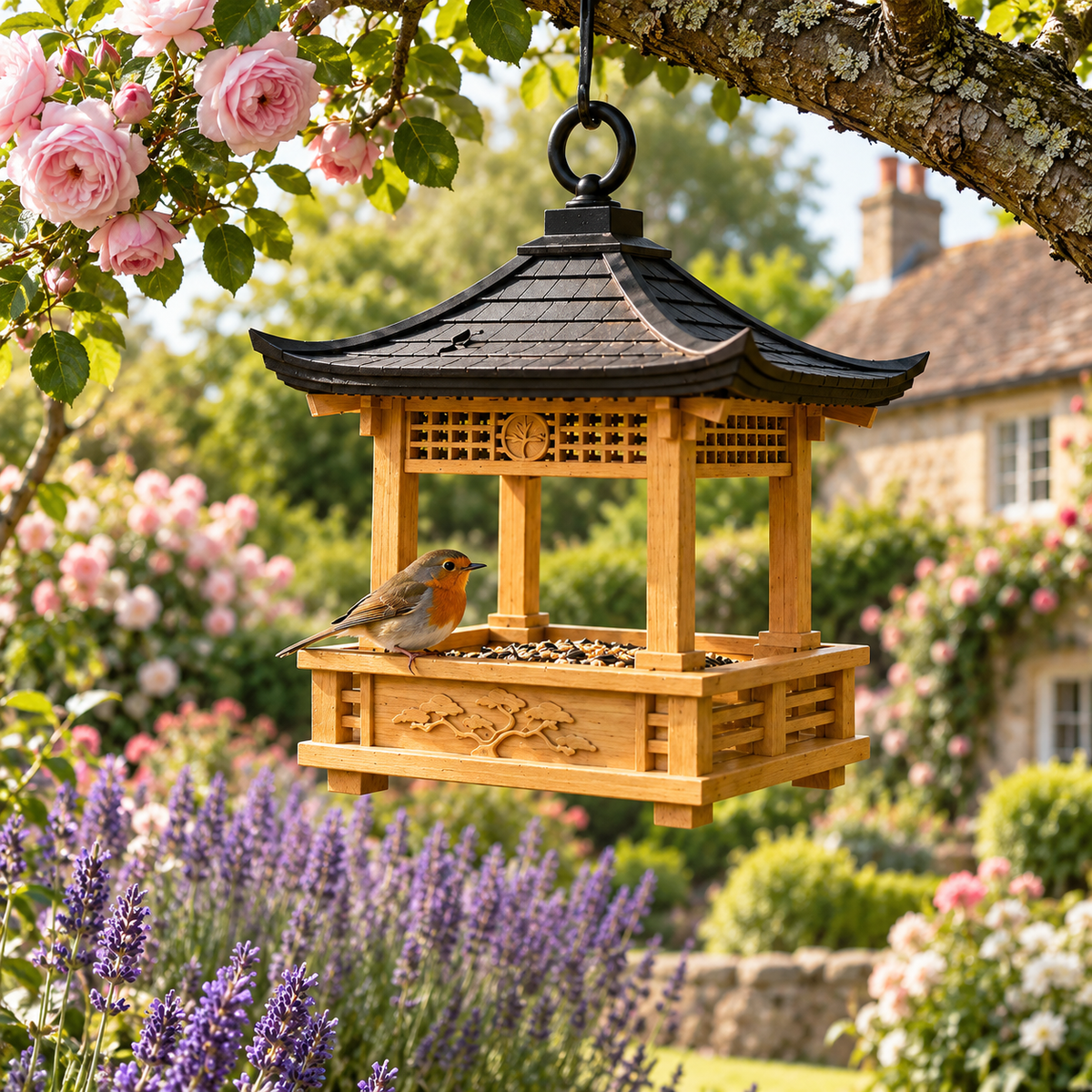 Lantern-inspired bird feeder hanging on a green balcony