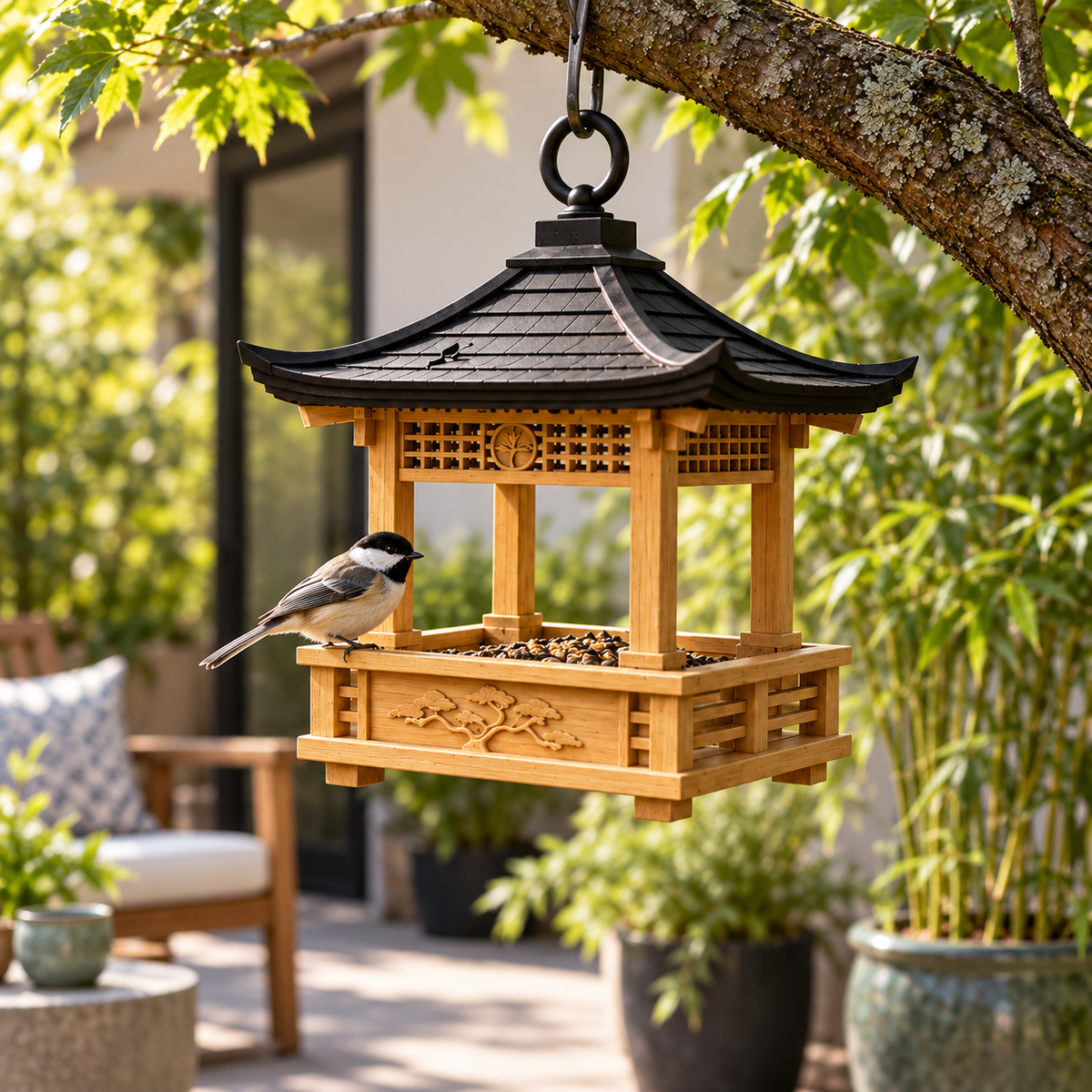 Lantern bird feeder near hydrangeas in a sunny garden