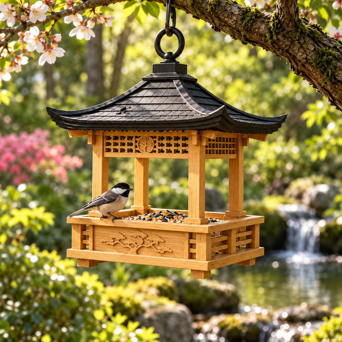 Lantern bird feeder hanging among roses and lavender