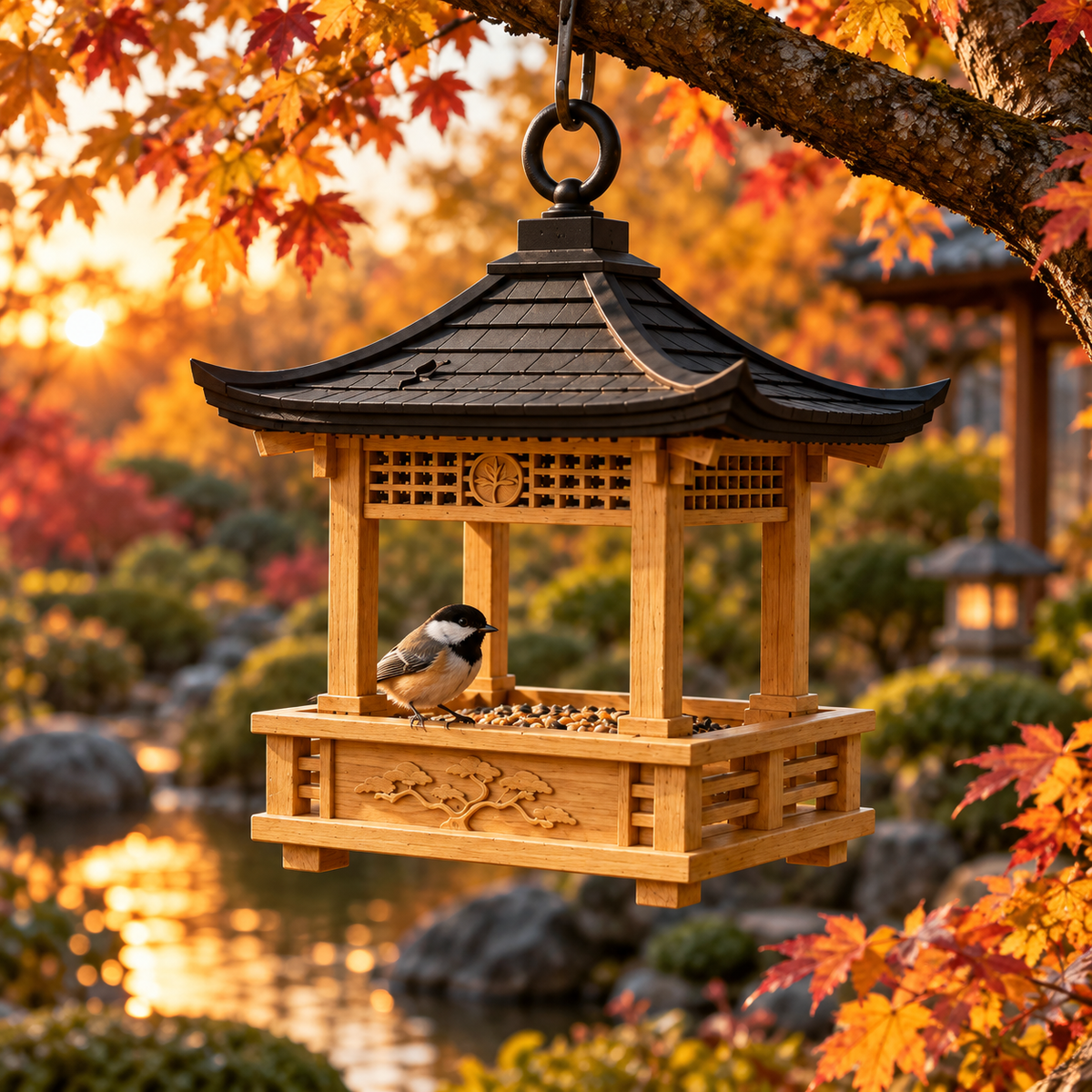 Lantern bird feeder hanging beside terrace planting
