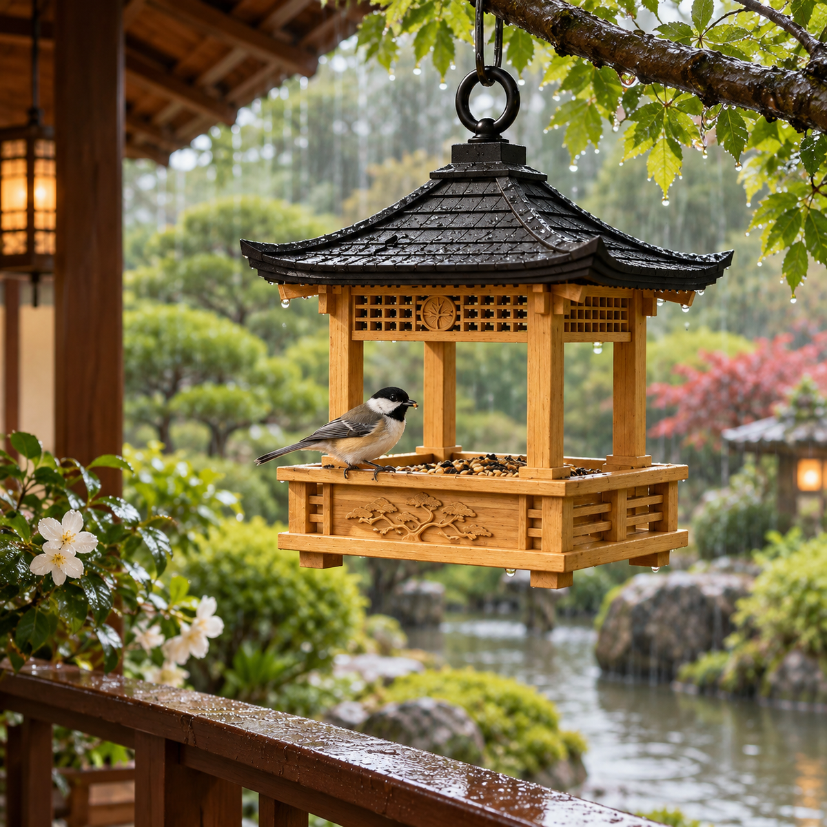 Lantern bird feeder beneath cherry blossoms beside a pond