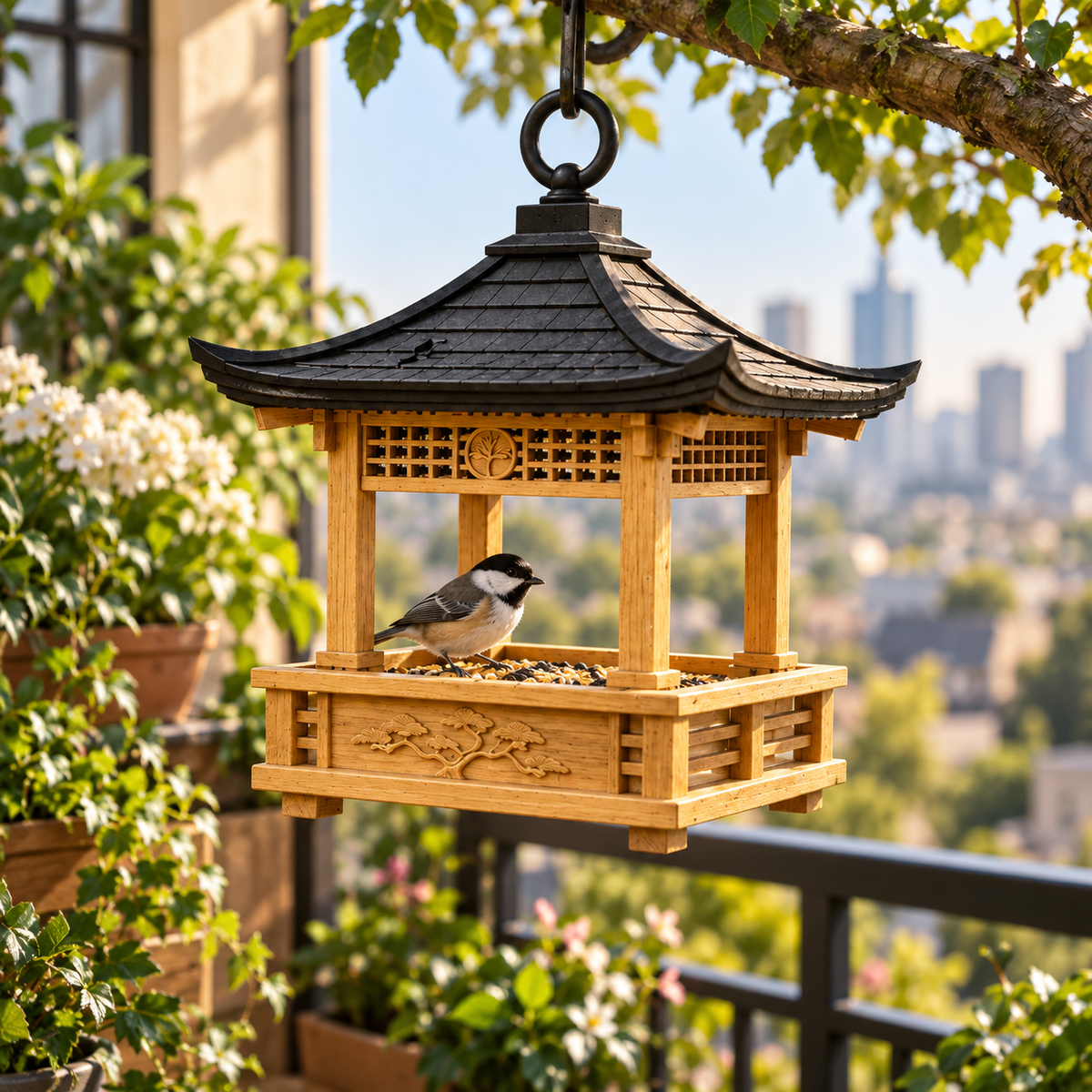 Lantern bird feeder hanging in garden rain