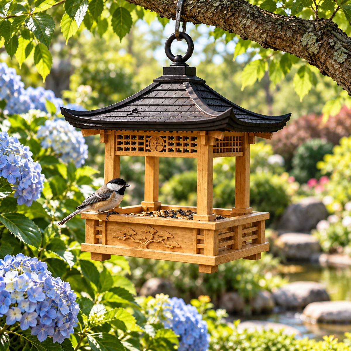 Lantern bird feeder beside a garden waterfall