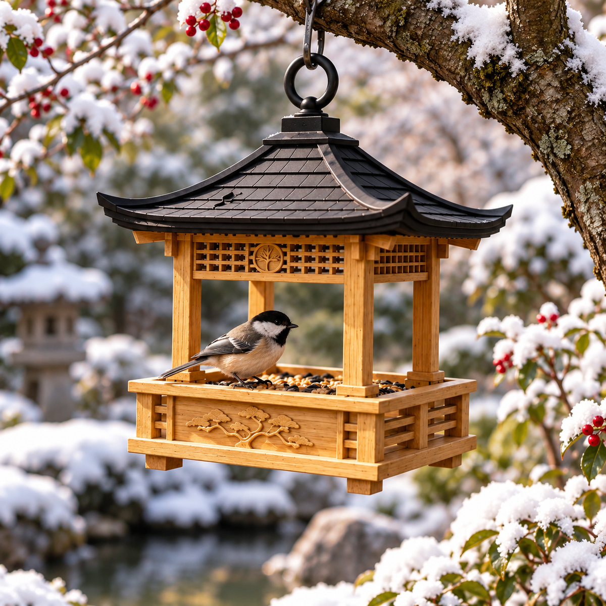Lantern bird feeder in a snowy winter garden