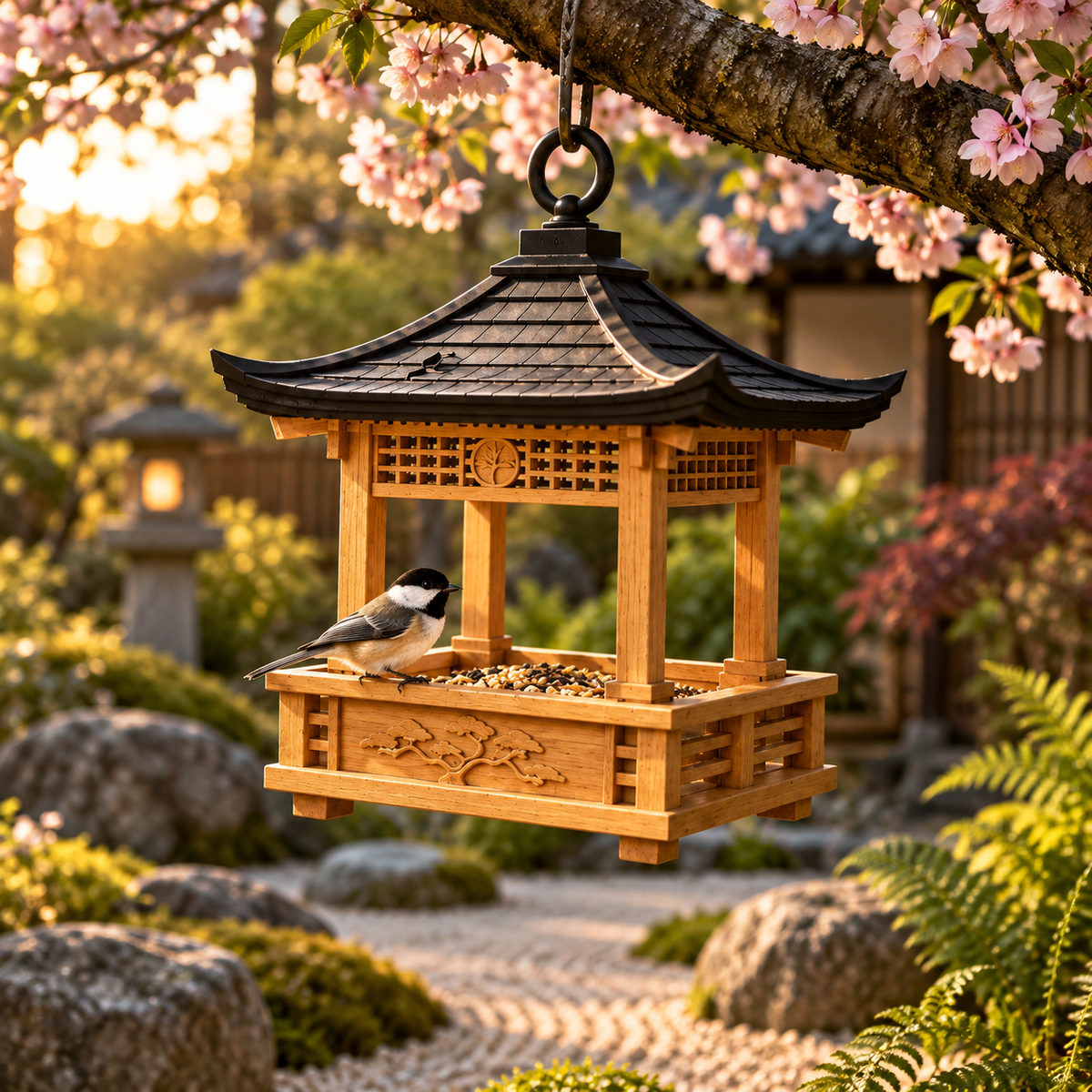 Lantern bird feeder among autumn leaves at sunset