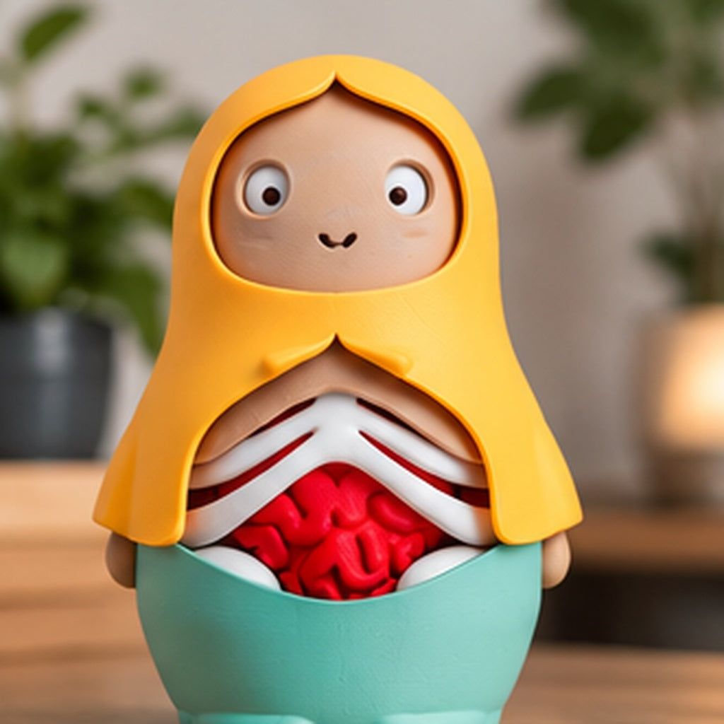 Close-up of the Horror Russian Doll showing its yellow hood, skull face, white ribs and red details