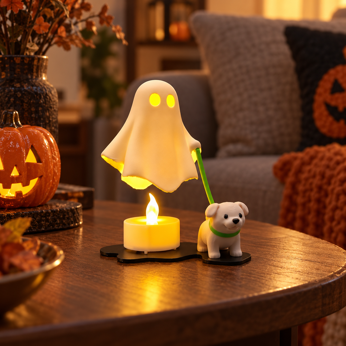 Glowing ghost walking a small dog with a green lead beside a tealight on a cosy side table