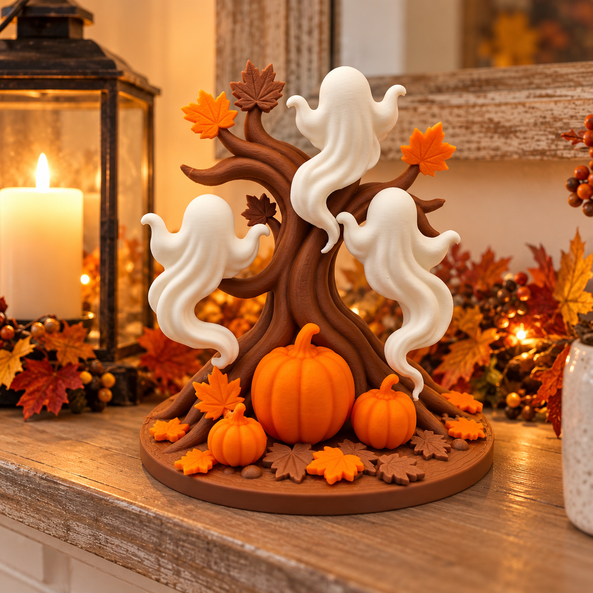 Brown twisting ghost tree with three white ghosts, orange pumpkins and autumn leaves displayed beside candlelight