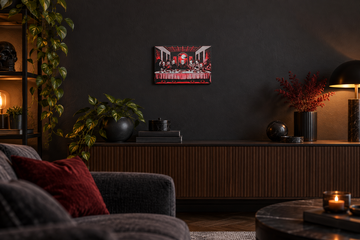 Horror-inspired Last Supper picture displayed on a dark feature wall above a console table