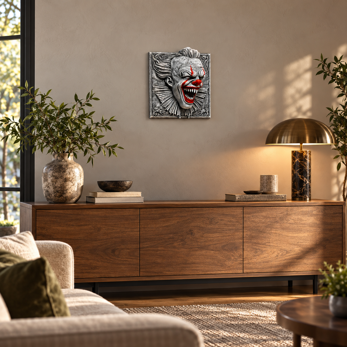 Horror clown wall art with monochrome detailing and red accents displayed above a console table