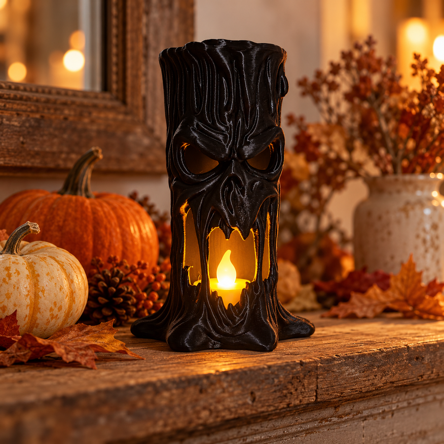 Black tree stump skull tealight holder on a rustic autumn mantel with pumpkins and leaves