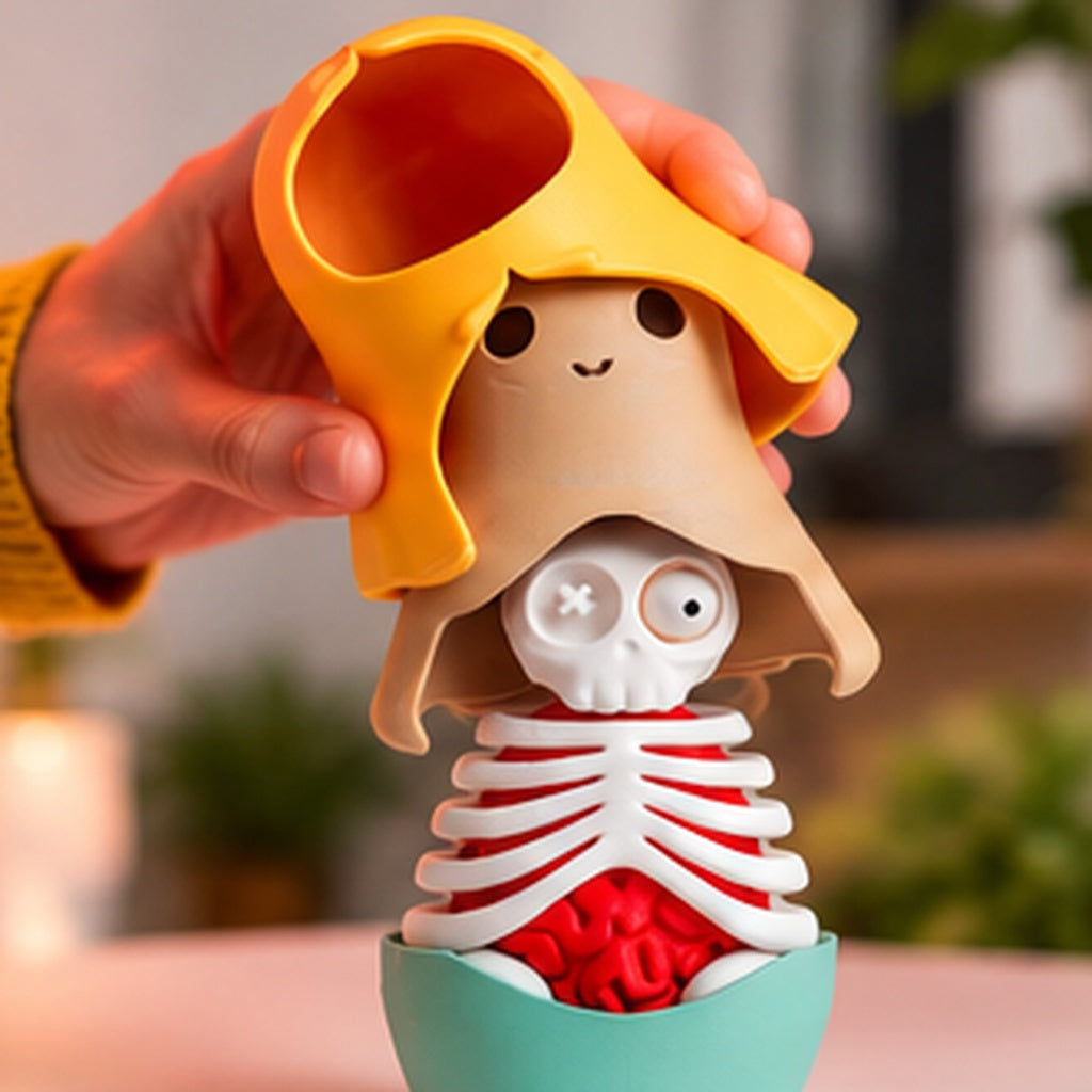 A hand lifts the yellow outer hood to reveal the skeleton details inside the Horror Russian Doll
