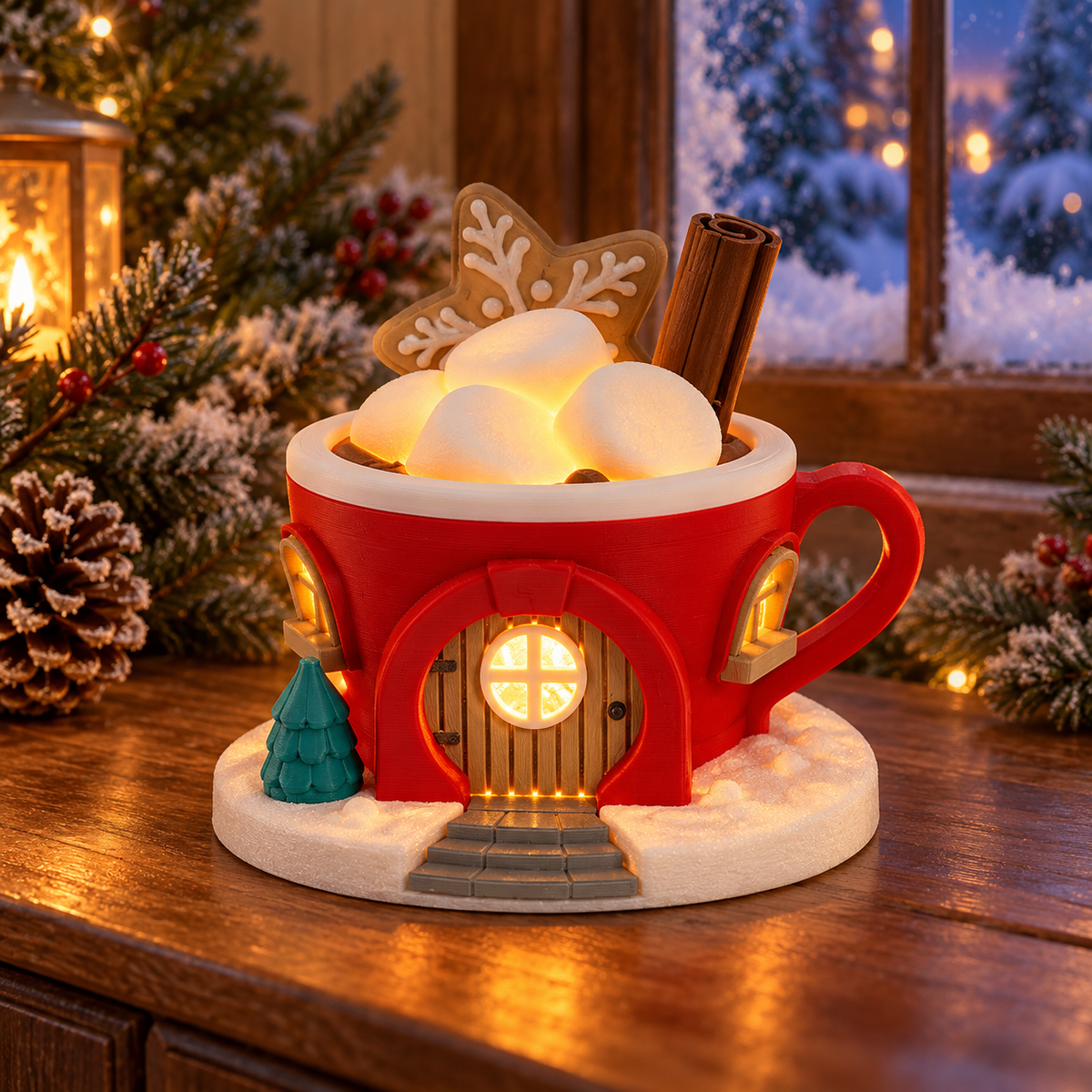 Christmas mug-shaped tealight holder glowing beside a snowy window and Christmas tree.