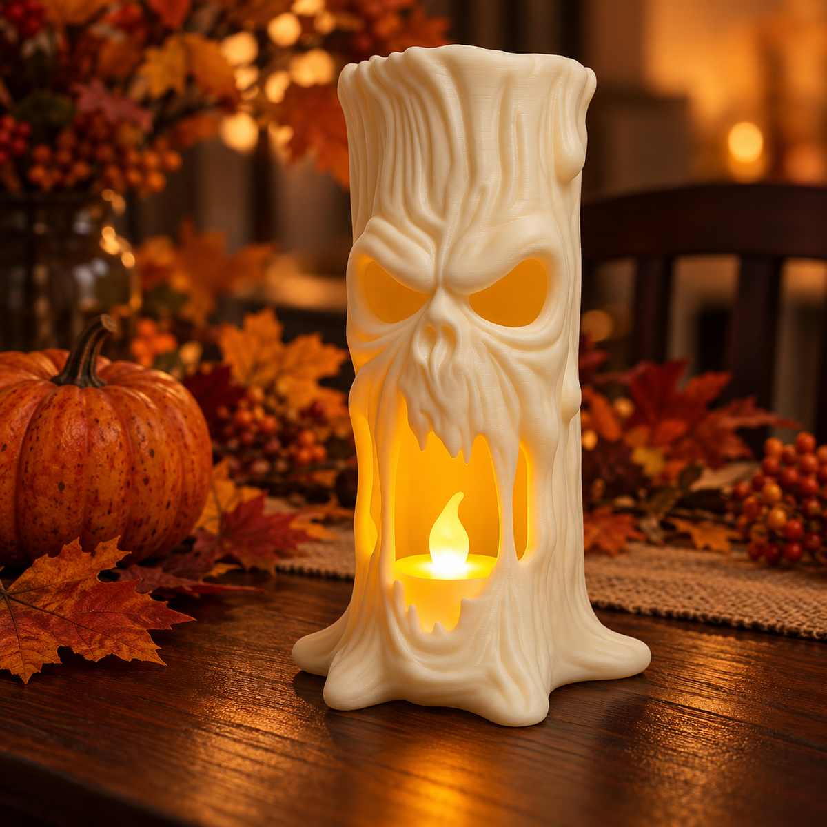 White tree stump skull tealight holder styled with autumn pumpkins and foliage