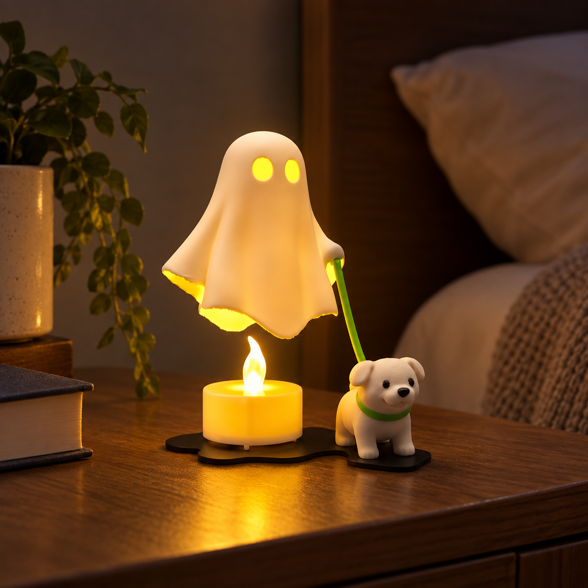 Green-lead ghost and dog tealight holder glowing on a Halloween table with pumpkins