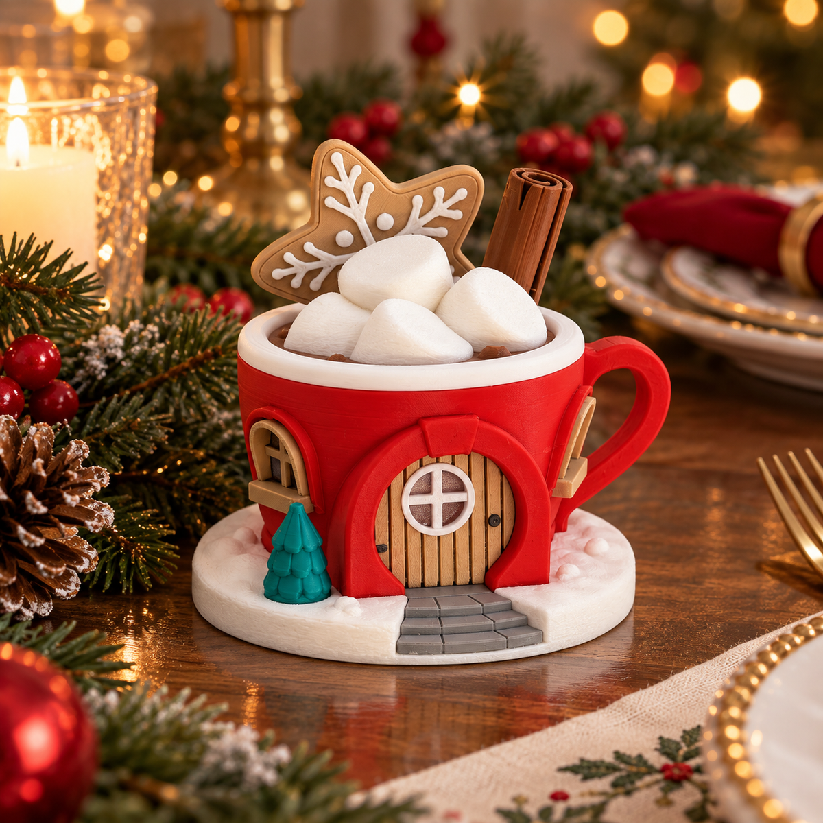 Red mug-shaped Christmas cottage with snowy base displayed among evergreen branches and festive table decorations.