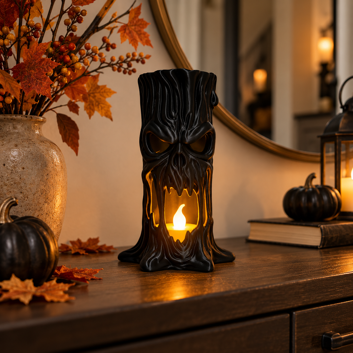 Black tree stump tealight holder on an autumn console with pumpkins and dried branches