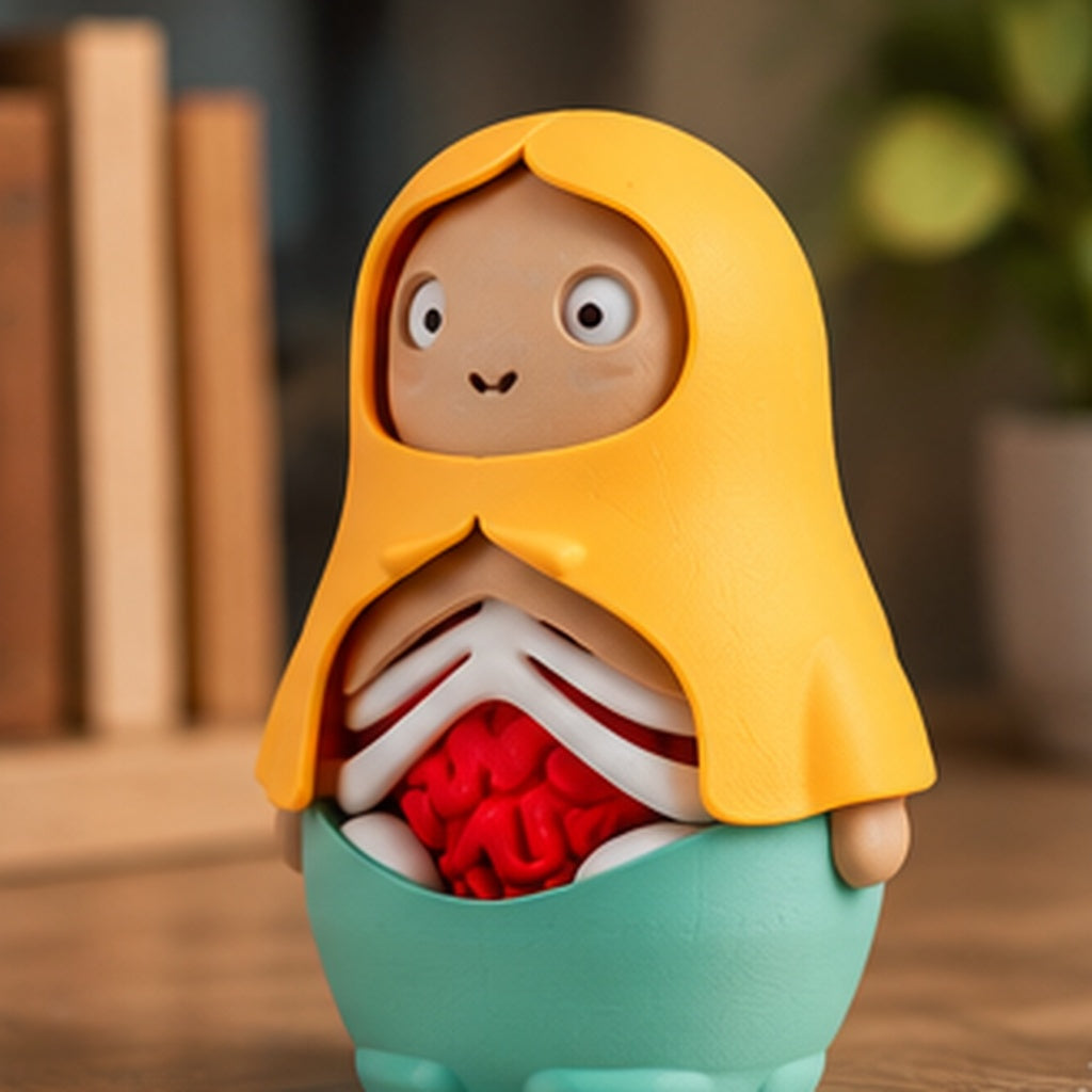 The assembled yellow, teal and red Horror Russian Doll displayed on a shelf