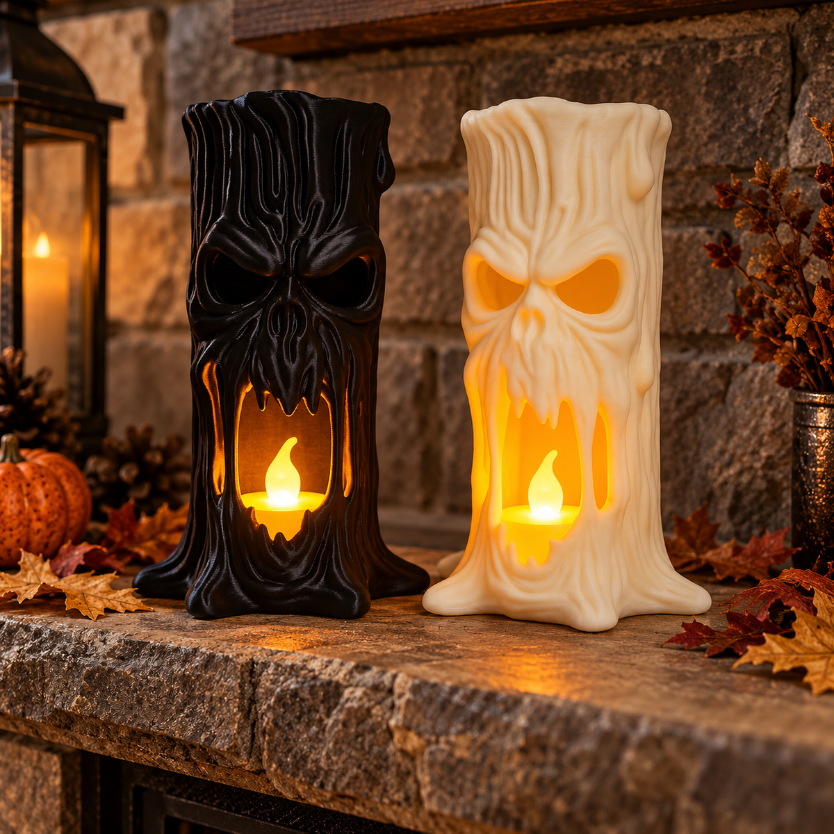 Black and white tree stump skull tealight holders displayed together on a seasonal hearth