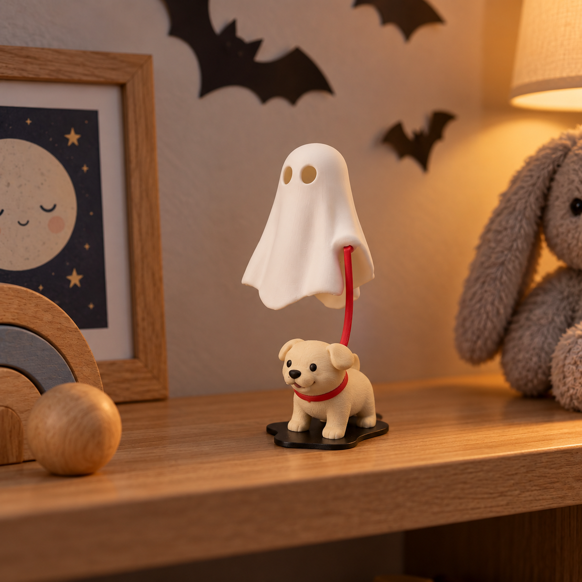 Ghost walking dog tealight holder with red lead in a warm autumn living room