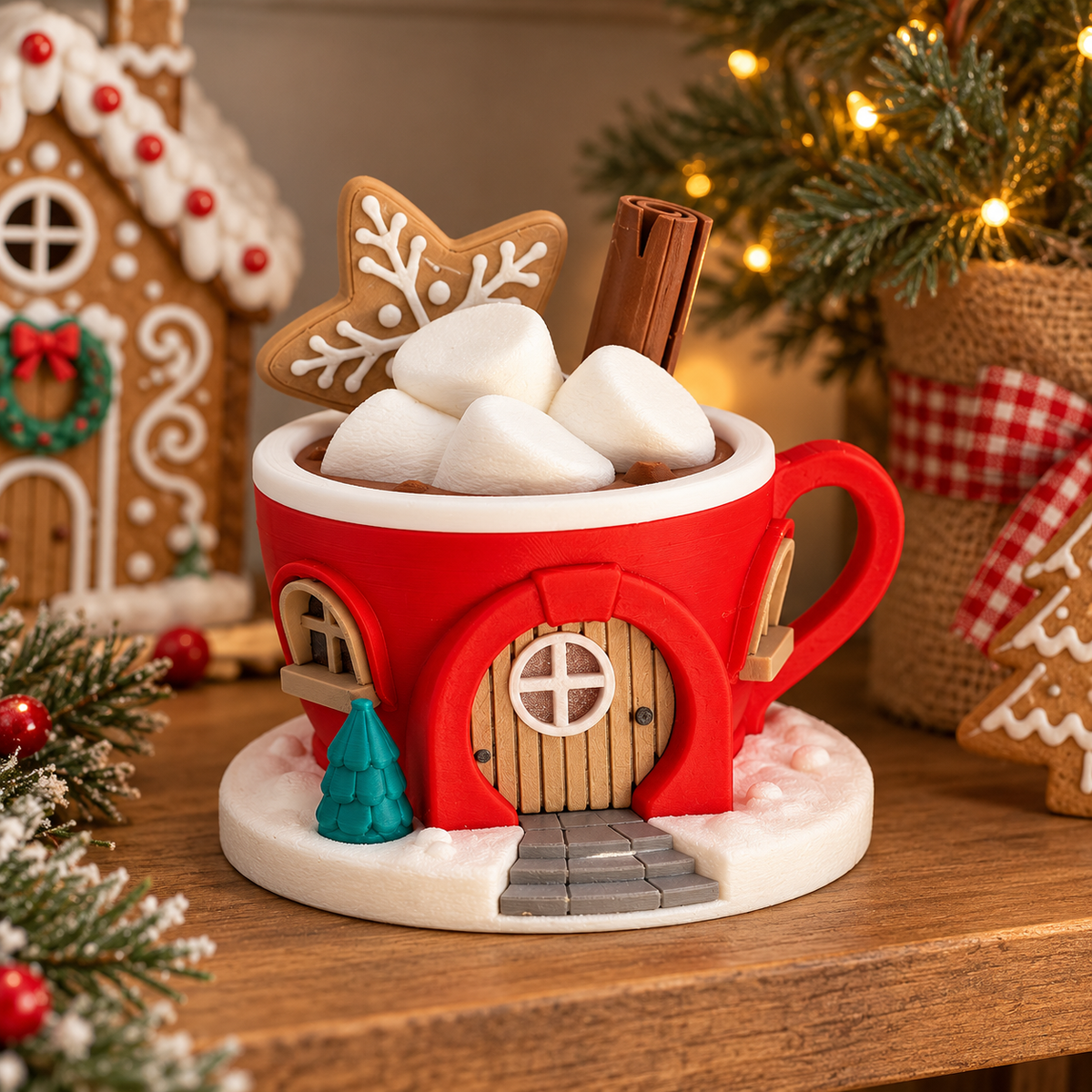 Festive cottage mug tealight holder styled with marshmallows in a warm Christmas setting.