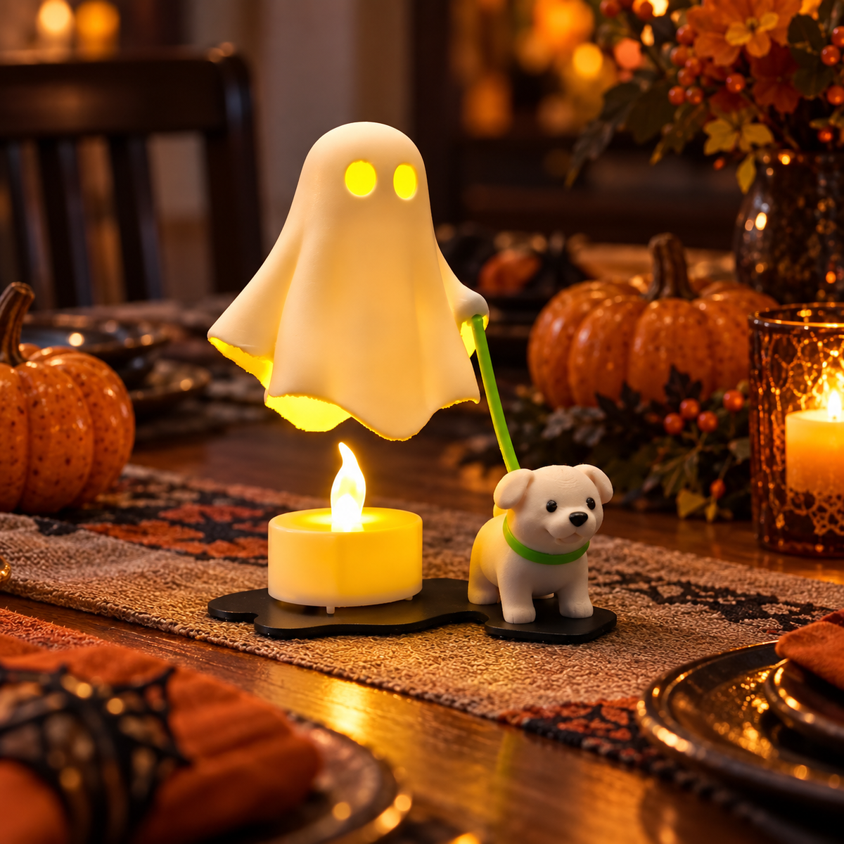 Glowing white ghost walking a dog with green lead on a coffee table beside a pumpkin