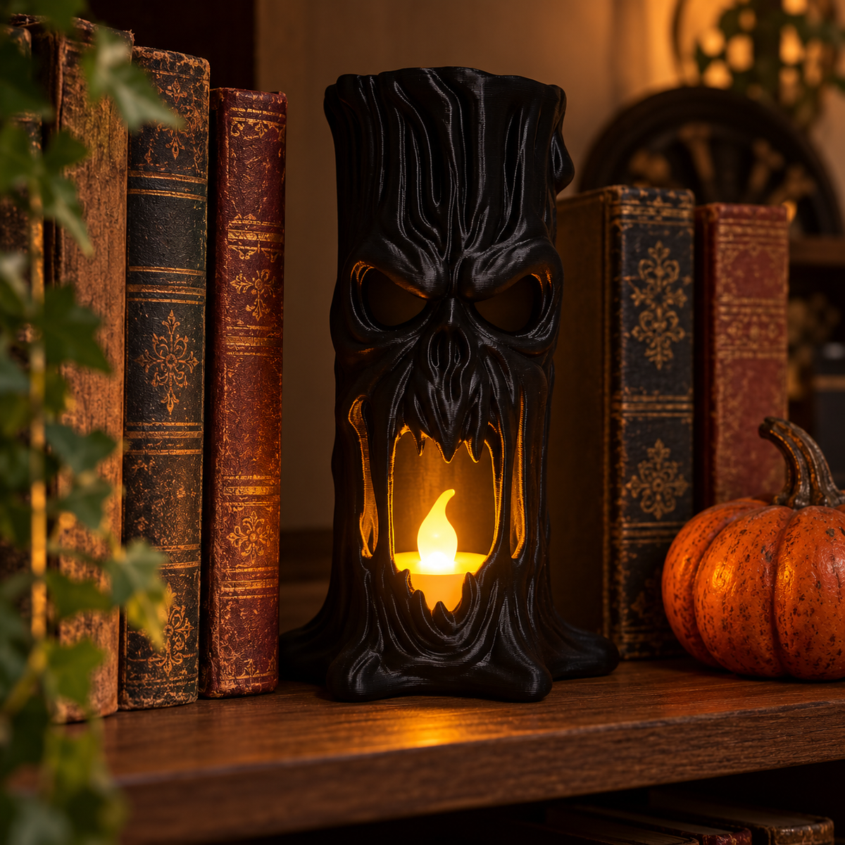 Black tree stump tealight holder styled with books and autumn decorations