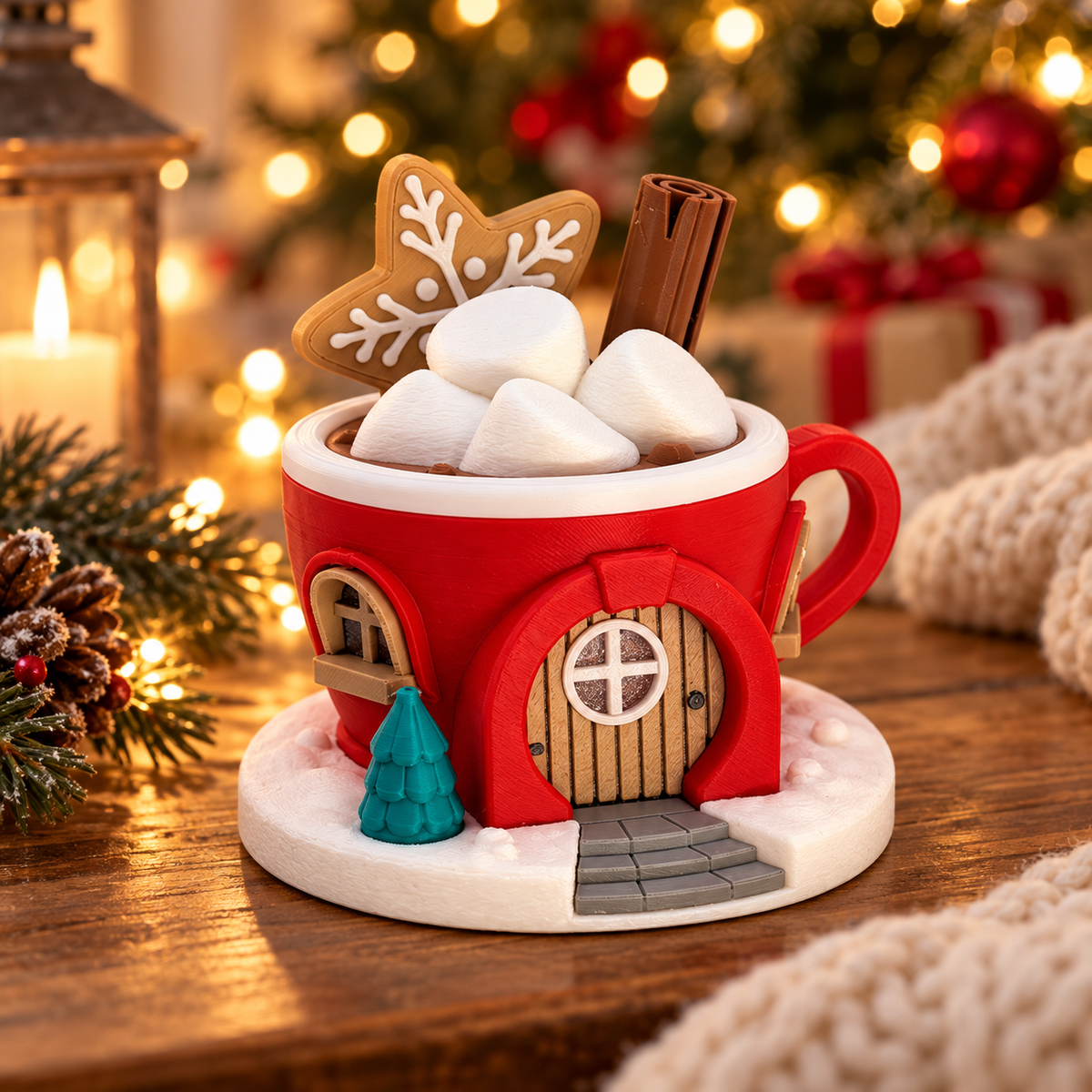 Christmas cottage mug tealight holder displayed beside a decorated tree and books.