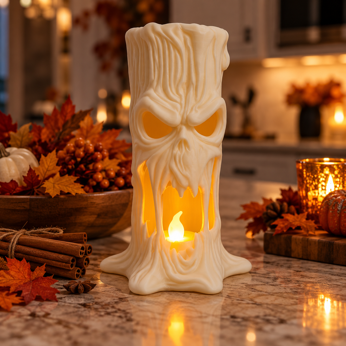 White tree stump skull tealight holder on a counter with autumn leaves and pumpkins